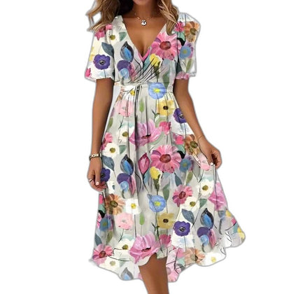 Elegant Abstract Midi Dress for Women with V Neck Short Sleeve Flowing Party Style