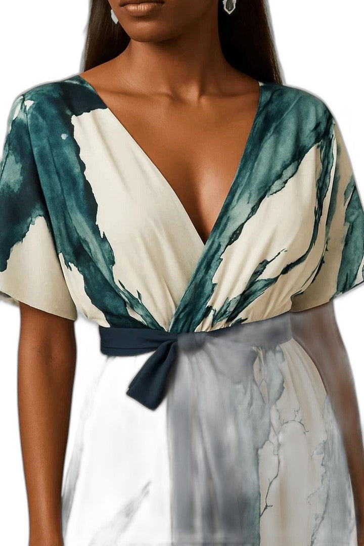 Elegant Abstract Midi Dress for Women with V Neck Short Sleeve Wrap Belted Cocktail Style
