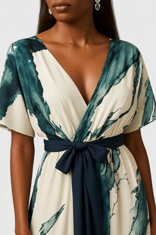 Elegant Abstract Midi Dress for Women with V Neck Short Sleeve Wrap Belted Cocktail Style