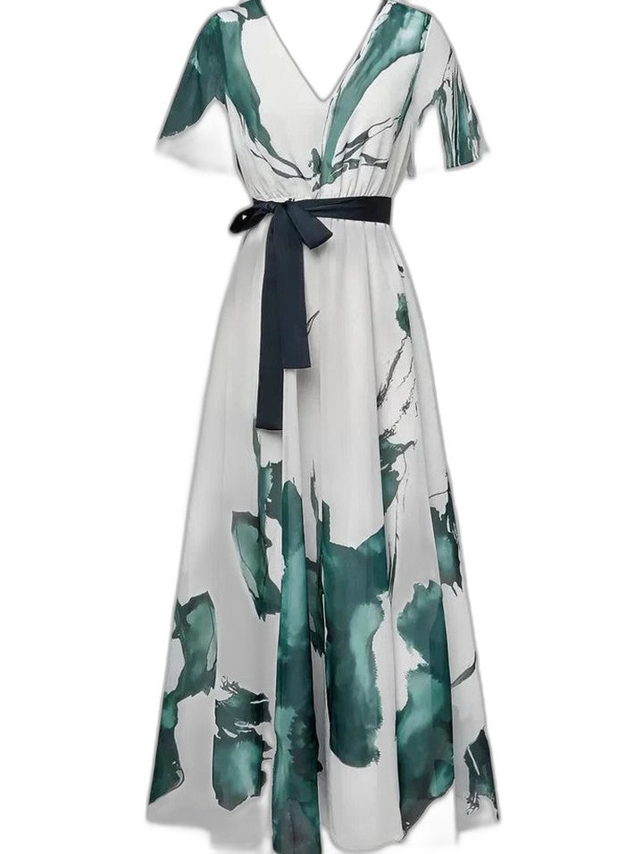 Elegant Abstract Midi Dress for Women with V Neck Short Sleeve Wrap Belted Cocktail Style