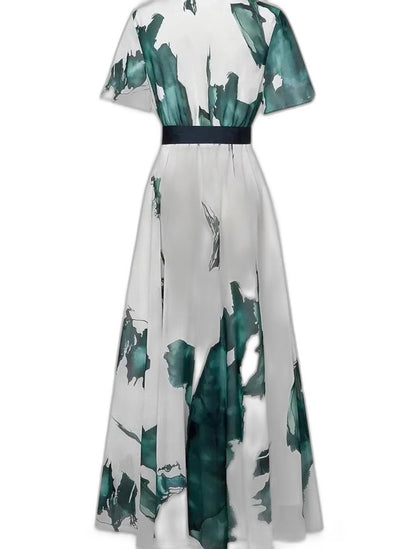 Elegant Abstract Midi Dress for Women with V Neck Short Sleeve Wrap Belted Cocktail Style