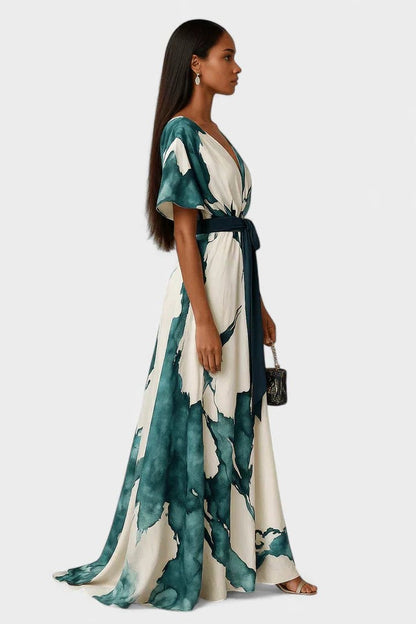 Elegant Abstract Midi Dress for Women with V Neck Short Sleeve Wrap Belted Cocktail Style