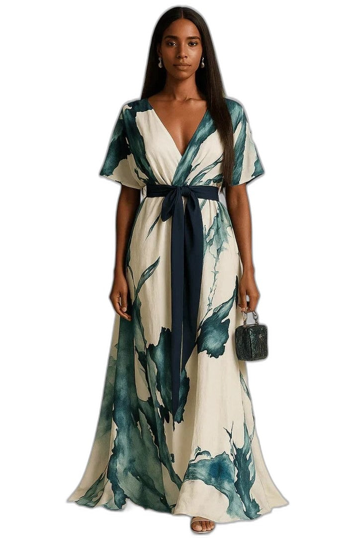 Elegant Abstract Midi Dress for Women with V Neck Short Sleeve Wrap Belted Cocktail Style