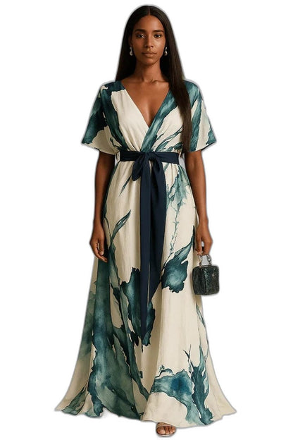 Elegant Abstract Midi Dress for Women with V Neck Short Sleeve Wrap Belted Cocktail Style