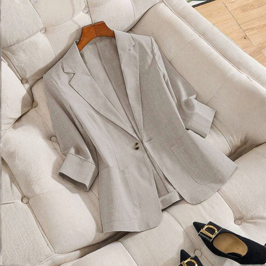 Elegant Beige Blazer for Women with Collared Long Sleeve Button Front Office Style
