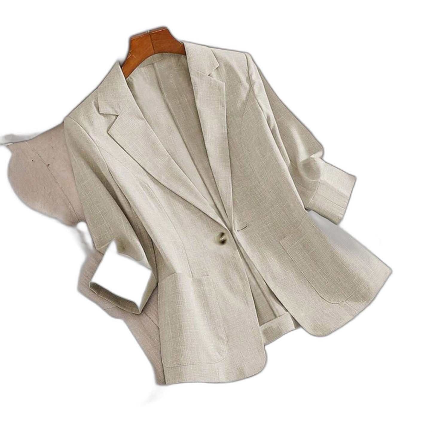 Elegant Beige Blazer for Women with Collared Long Sleeve Button Front Office Style
