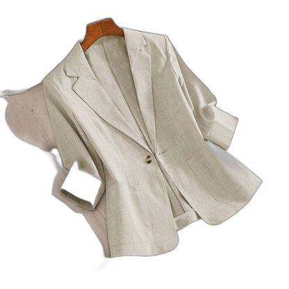 Elegant Beige Blazer for Women with Collared Long Sleeve Button Front Office Style