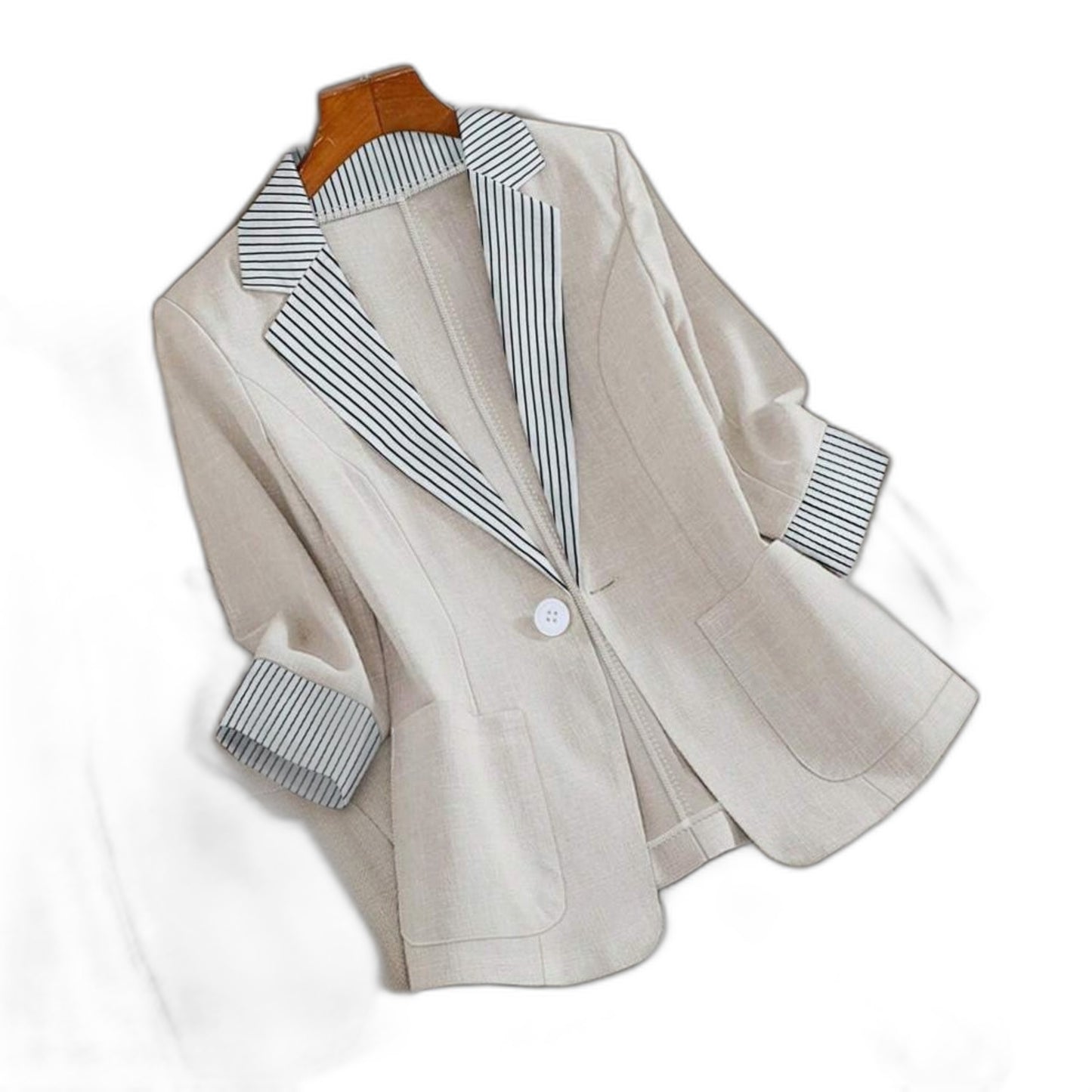 Elegant Beige Blazer for Women with Collared Long Sleeve Button Front Office Style