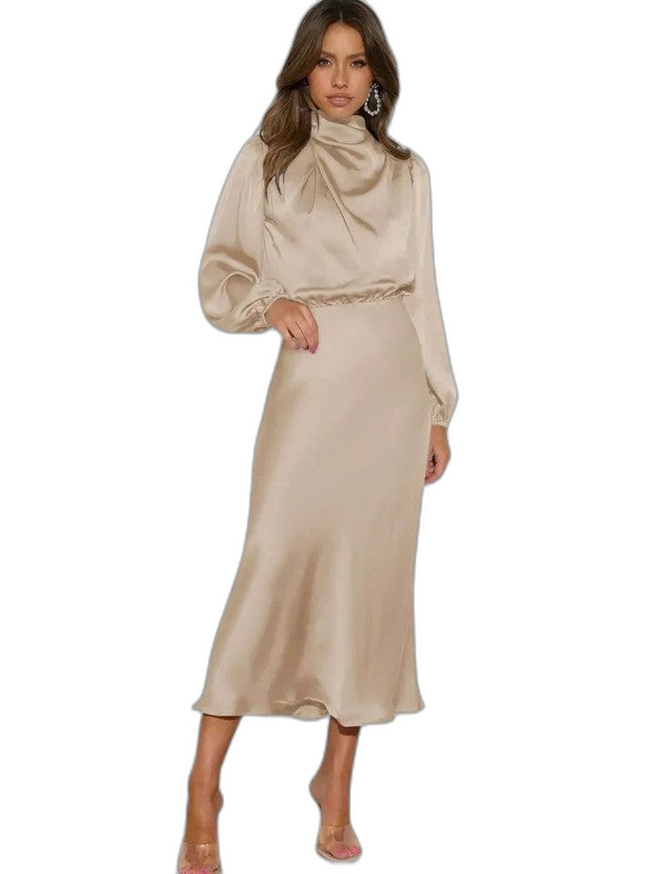 Elegant Beige Satin Maxi Dress for Women with High Neck Long Sleeve Flowing Cocktail Style