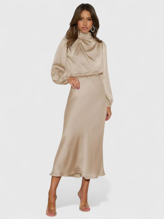 Elegant Beige Satin Maxi Dress for Women with High Neck Long Sleeve Flowing Cocktail Style