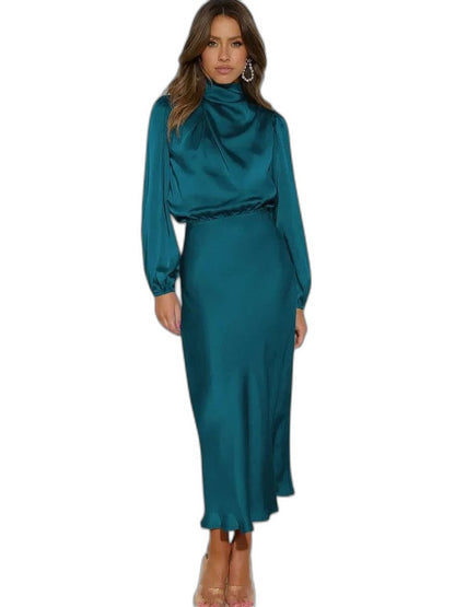 Elegant Beige Satin Maxi Dress for Women with High Neck Long Sleeve Flowing Cocktail Style
