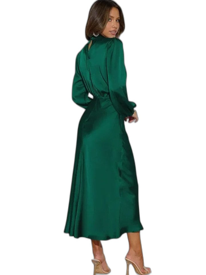 Elegant Beige Satin Maxi Dress for Women with High Neck Long Sleeve Flowing Cocktail Style