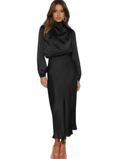 Elegant Beige Satin Maxi Dress for Women with High Neck Long Sleeve Flowing Cocktail Style