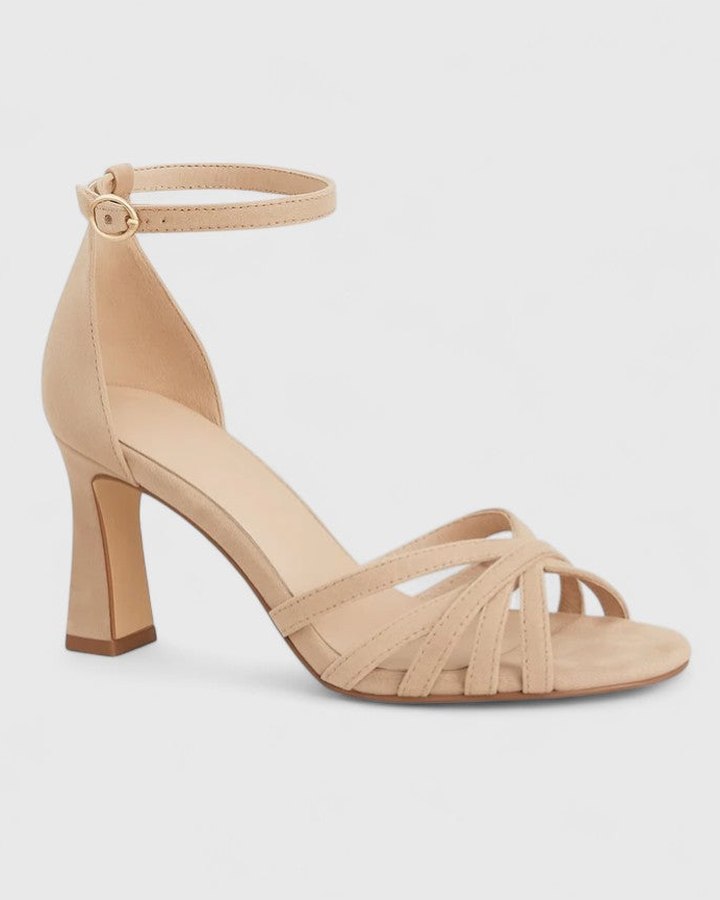 Elegant Beige Suede Heels for Women with Ankle Strap Open Toe Buckle Formal Style