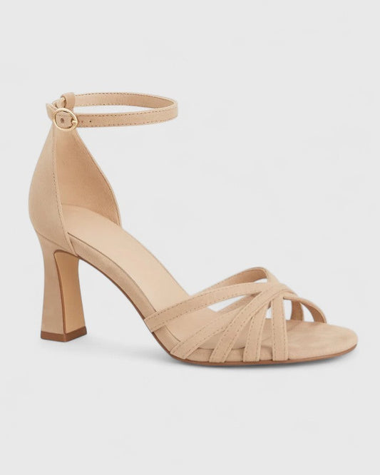Elegant Beige Suede Heels for Women with Ankle Strap Open Toe Buckle Formal Style