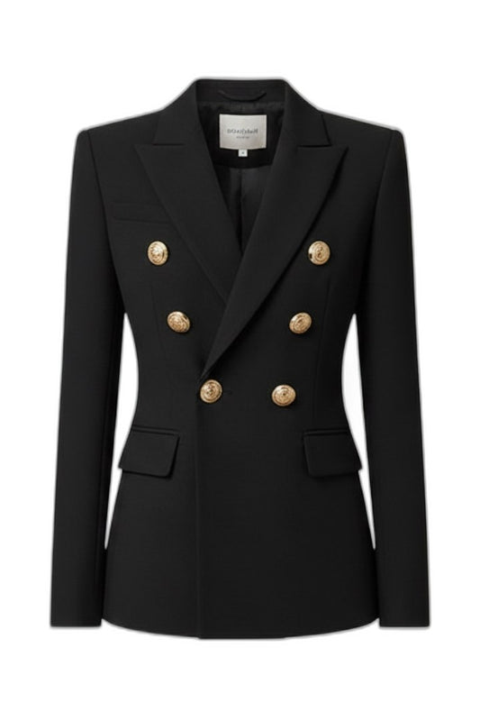 Elegant Black Blazer for Women with Collared Long Sleeve Button Front Fit And Flare Formal Style