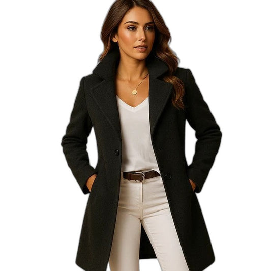 Elegant Black Coat for Women with Collared Long Sleeve Button Front Belted Office Style