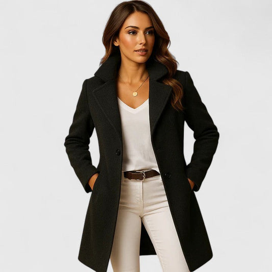 Elegant Black Coat for Women with Collared Long Sleeve Button Front Belted Office Style