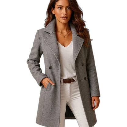 Elegant Black Coat for Women with Collared Long Sleeve Button Front Belted Office Style
