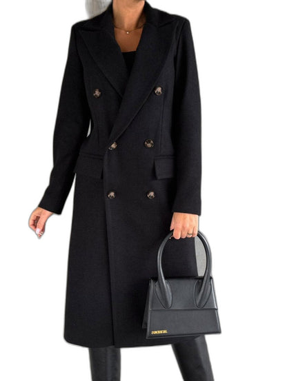 Elegant Black Coat for Women with Collared Long Sleeve Button Front Double Breasted Office Style