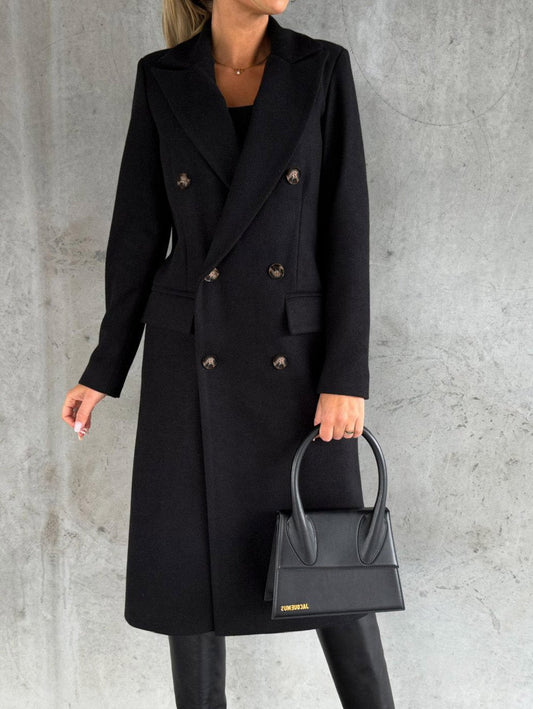Elegant Black Coat for Women with Collared Long Sleeve Button Front Double Breasted Office Style