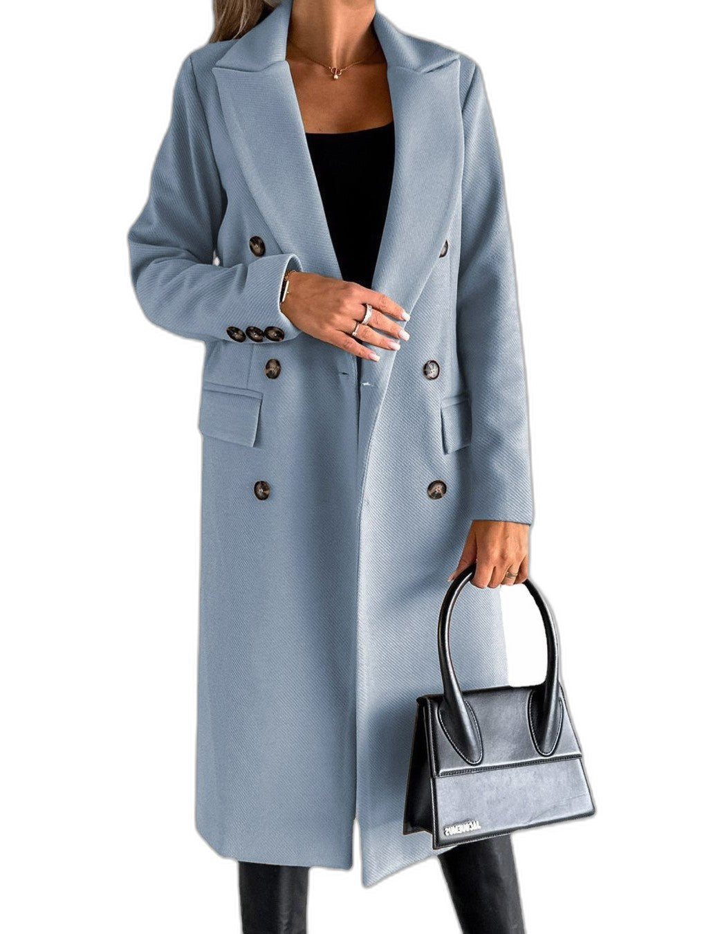 Elegant Black Coat for Women with Collared Long Sleeve Button Front Double Breasted Office Style
