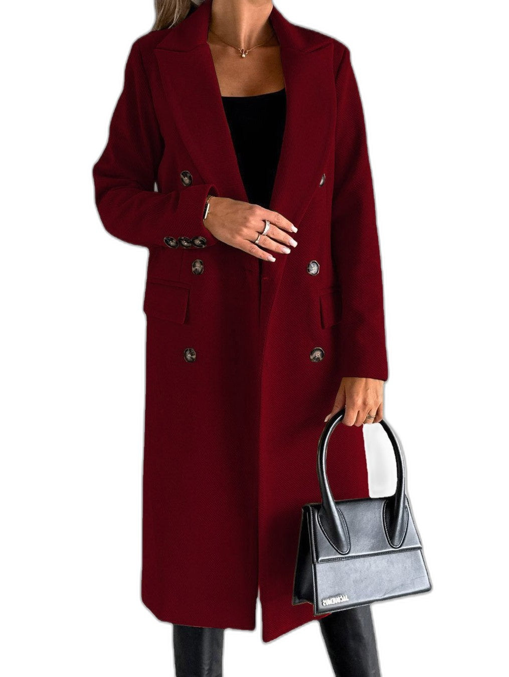 Elegant Black Coat for Women with Collared Long Sleeve Button Front Double Breasted Office Style