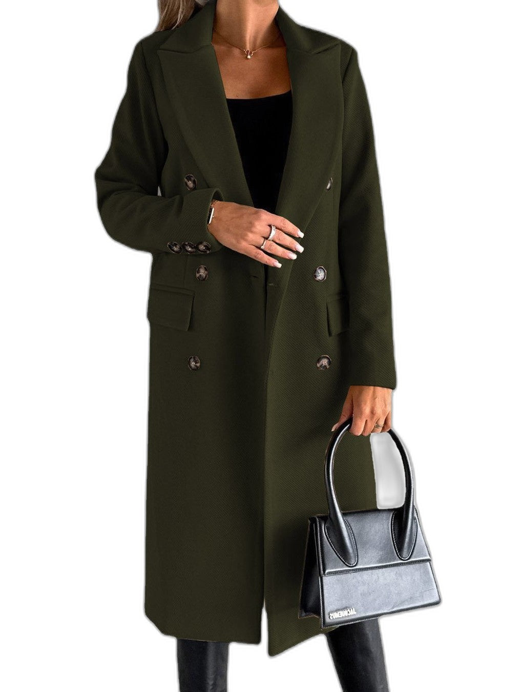 Elegant Black Coat for Women with Collared Long Sleeve Button Front Double Breasted Office Style
