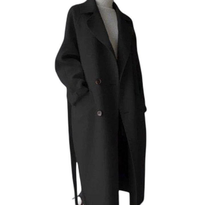 Elegant Black Coat for Women with Collared Long Sleeve Oversized Office Style