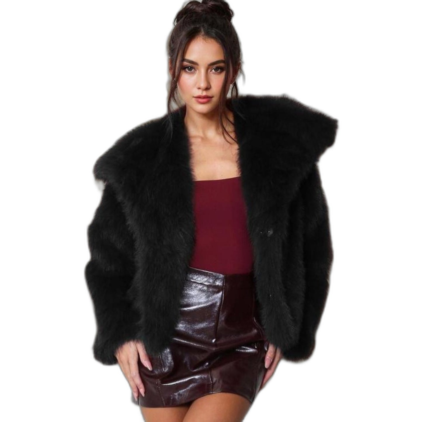 Elegant Black Jacket for Women with Collared Long Sleeve Cropped Oversized Fur Lined Party Style