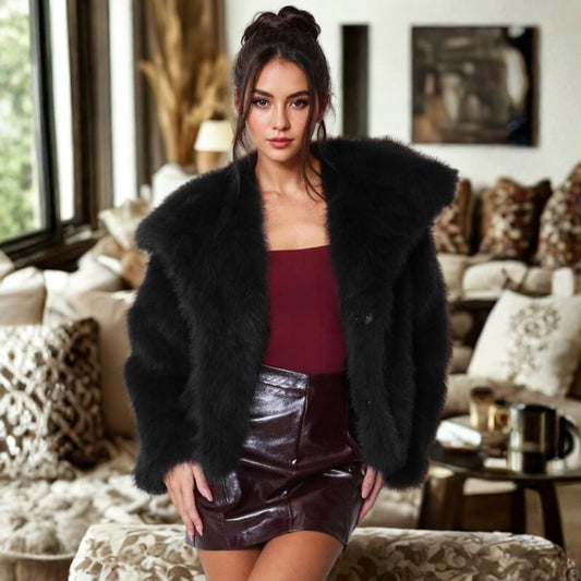 Elegant Black Jacket for Women with Collared Long Sleeve Cropped Oversized Fur Lined Party Style