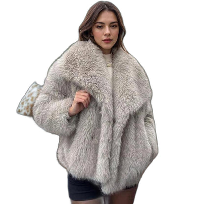 Elegant Black Jacket for Women with Collared Long Sleeve Cropped Oversized Fur Lined Party Style