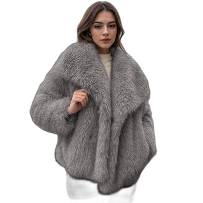 Elegant Black Jacket for Women with Collared Long Sleeve Cropped Oversized Fur Lined Party Style