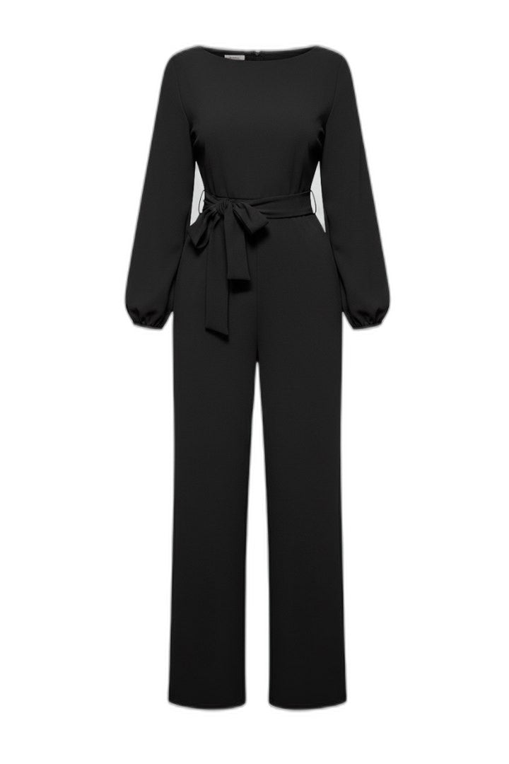 Elegant Black Jumpsuit for Women with V Neck Long Sleeve Belted Tie Waist Wide Leg Cocktail Style