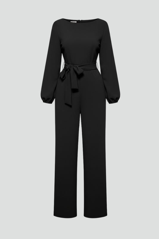 Elegant Black Jumpsuit for Women with V Neck Long Sleeve Belted Tie Waist Wide Leg Cocktail Style