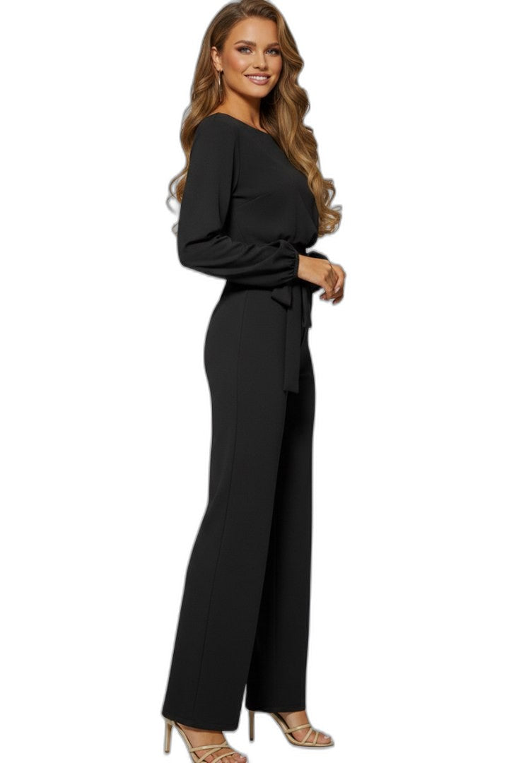 Elegant Black Jumpsuit for Women with V Neck Long Sleeve Belted Tie Waist Wide Leg Cocktail Style