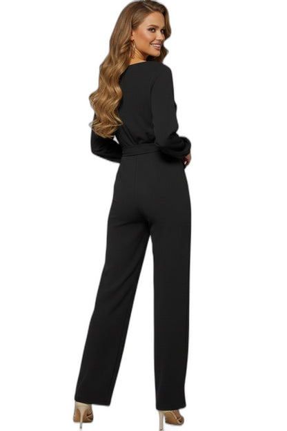 Elegant Black Jumpsuit for Women with V Neck Long Sleeve Belted Tie Waist Wide Leg Cocktail Style