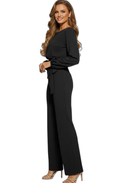 Elegant Black Jumpsuit for Women with V Neck Long Sleeve Belted Tie Waist Wide Leg Cocktail Style