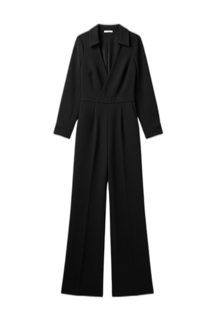 Elegant Black Jumpsuit for Women with V Neck Long Sleeve Wide Leg Formal Style