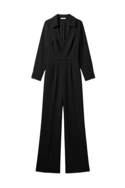 Elegant Black Jumpsuit for Women with V Neck Long Sleeve Wide Leg Formal Style