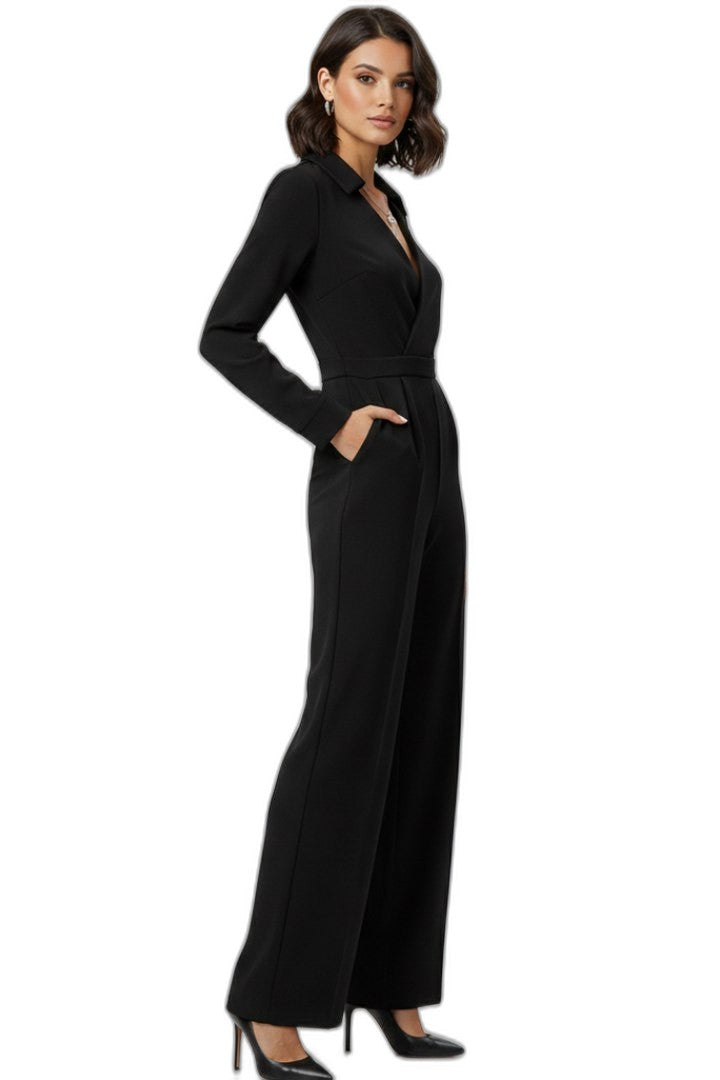Elegant Black Jumpsuit for Women with V Neck Long Sleeve Wide Leg Formal Style
