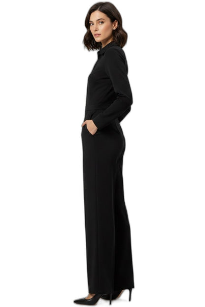 Elegant Black Jumpsuit for Women with V Neck Long Sleeve Wide Leg Formal Style