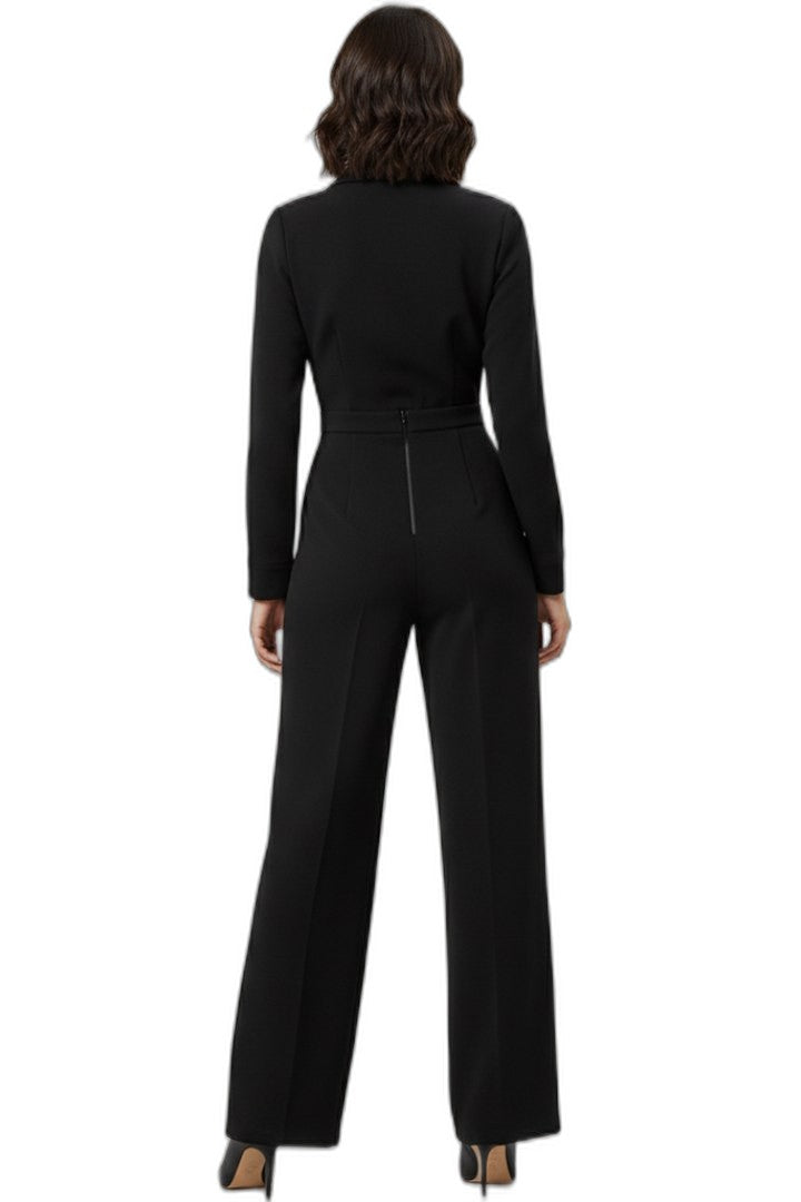 Elegant Black Jumpsuit for Women with V Neck Long Sleeve Wide Leg Formal Style