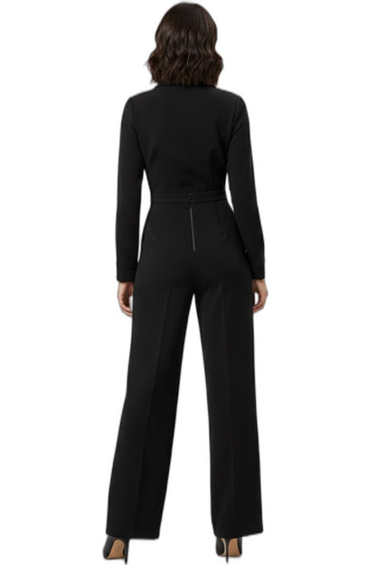 Elegant Black Jumpsuit for Women with V Neck Long Sleeve Wide Leg Formal Style