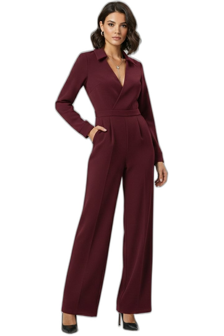 Elegant Black Jumpsuit for Women with V Neck Long Sleeve Wide Leg Formal Style
