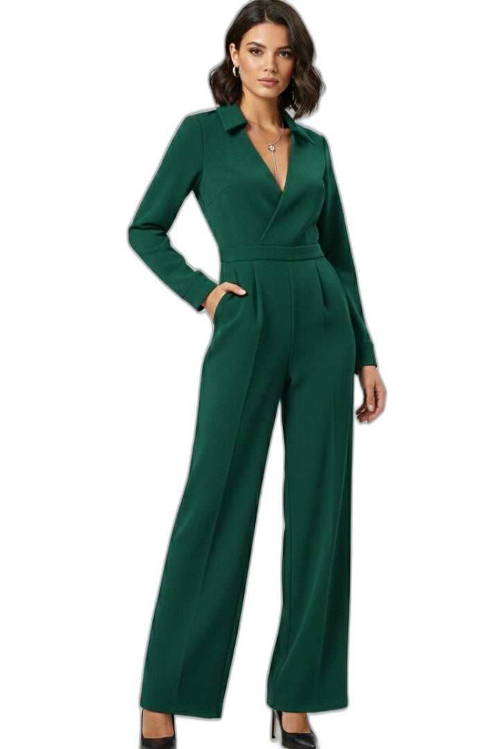 Elegant Black Jumpsuit for Women with V Neck Long Sleeve Wide Leg Formal Style