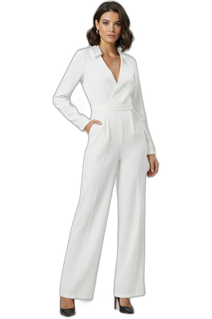 Elegant Black Jumpsuit for Women with V Neck Long Sleeve Wide Leg Formal Style