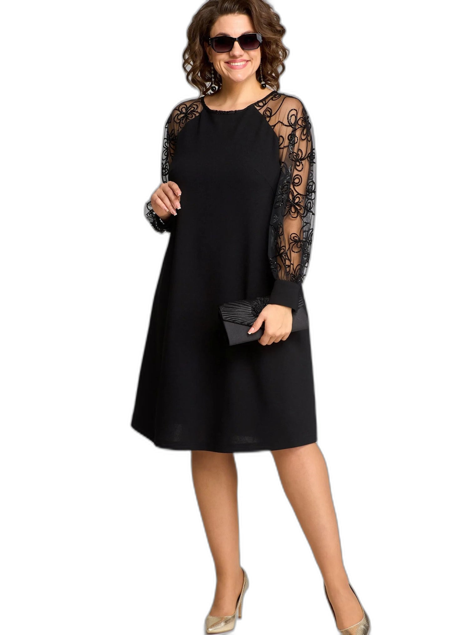 Elegant Black Lace Midi Dress for Women with Crew Neck Long Sleeve A Line Cocktail Style