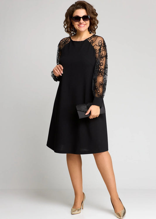 Elegant Black Lace Midi Dress for Women with Crew Neck Long Sleeve A Line Cocktail Style