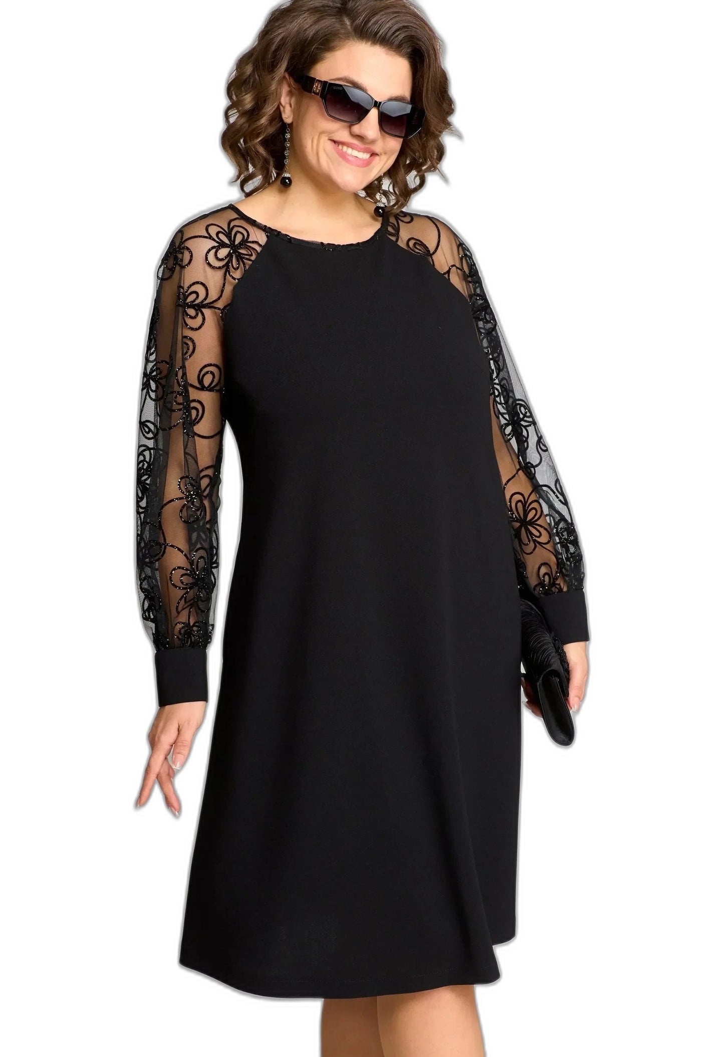 Elegant Black Lace Midi Dress for Women with Crew Neck Long Sleeve A Line Cocktail Style